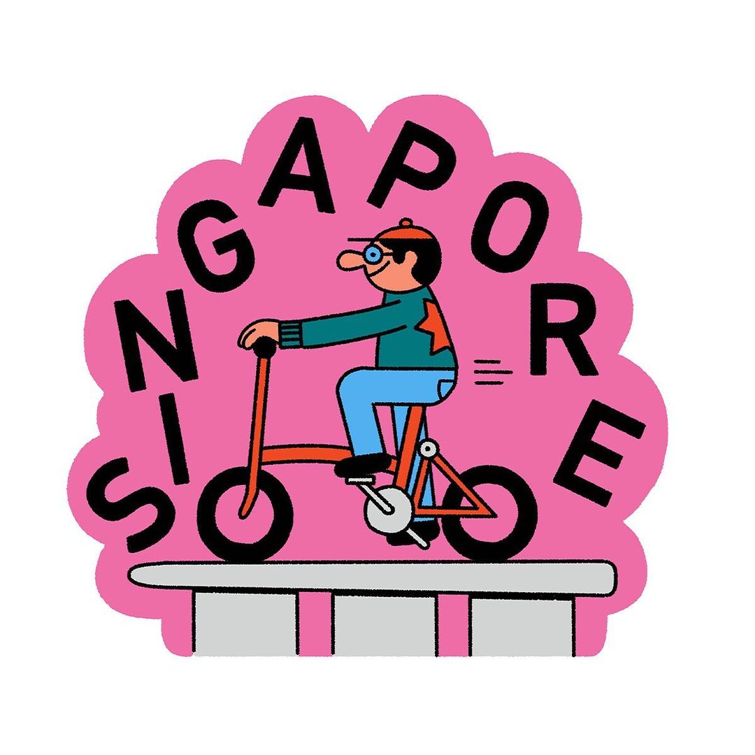 Illustration of a man riding a folding bike, with 'Singapore' text in a pink cloud shape, above a white and grey road barrier.