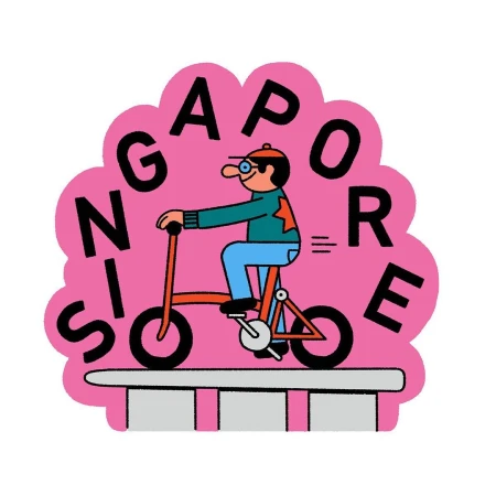 Illustration of a man riding a folding bike, with 'Singapore' text in a pink cloud shape, above a white and grey road barrier.