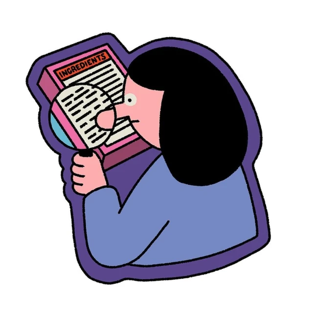 Illustration of a fair-skinned woman with black hair holding a magnifying glass to read a box of ingredients, cartoon style.