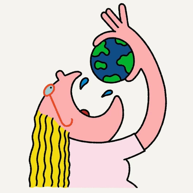 Illustration of a person in a pink shirt holding a small globe near their open mouth, with water droplets falling from the globe.