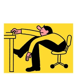 Illustrated minimalist graphic of a man leaning forward awkwardly in an office chair against a solid yellow background.