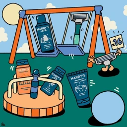 Illustrated playground scene featuring anthropomorphic grooming products and shaving razors on a merry-go-round and swings by Leon Edler