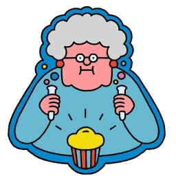 Illustration of elderly woman holding test tubes over a glowing cupcake by Leon Edler