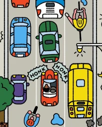Overhead editorial street illustration featuring colorful cars and cyclists by illustrator Leon Edler.
