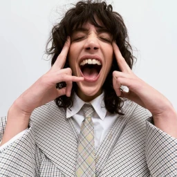 Portrait of a woman with curly hair wearing a houndstooth suit, shouting with hands to temples