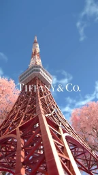 Low angle view of a tall red and white lattice tower under a clear blue sky, framed by pink cherry blossoms.