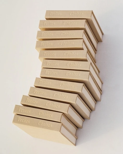 Stack of rectangular boxes with text 'Petites Chaises' in an alternating, zig-zag pattern against a plain, light background.