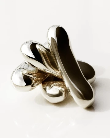 Shiny, abstract, chrome-colored metal art sculpture with organic, rounded forms on a white surface. Studio lighting and reflection.