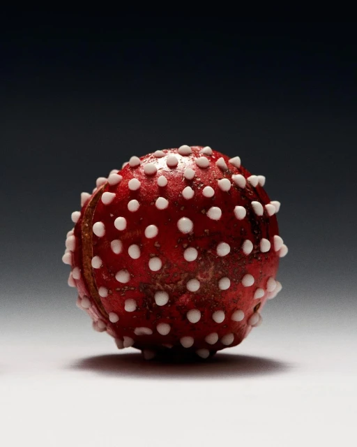 Close-up of a red glass bead with white dots, lit by studio lights against a dark gray background. Decorative object, handcrafted.