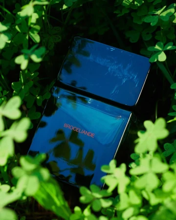 Shiny rectangular perfume bottle centered in a verdant field of three leaf clover, presented in an eye-level medium shot.