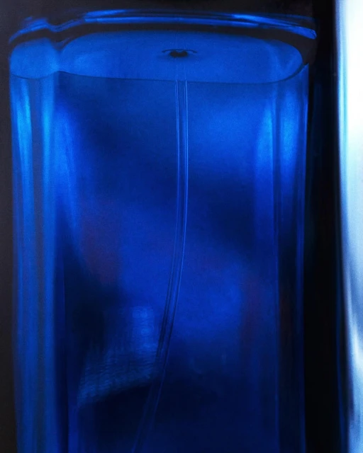 Close-up of a blue perfume bottle, filled with liquid, sitting in dim lighting. The bottle is long and rectangular in shape.