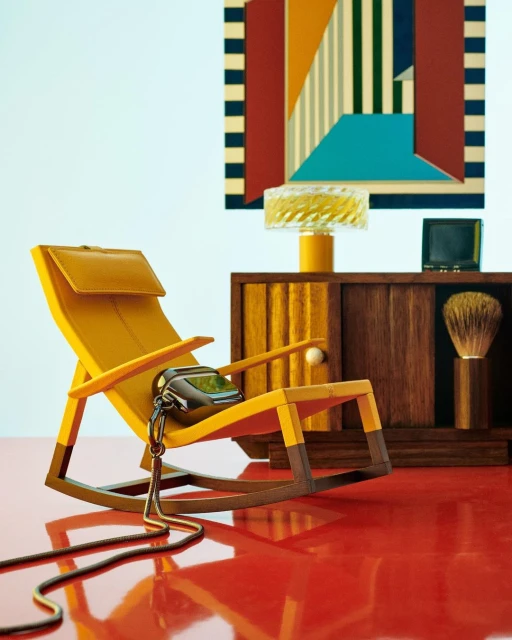 Still life shot of a yellow rocking chair with sunglasses on a table, against a geometric painting and off-white wall.
