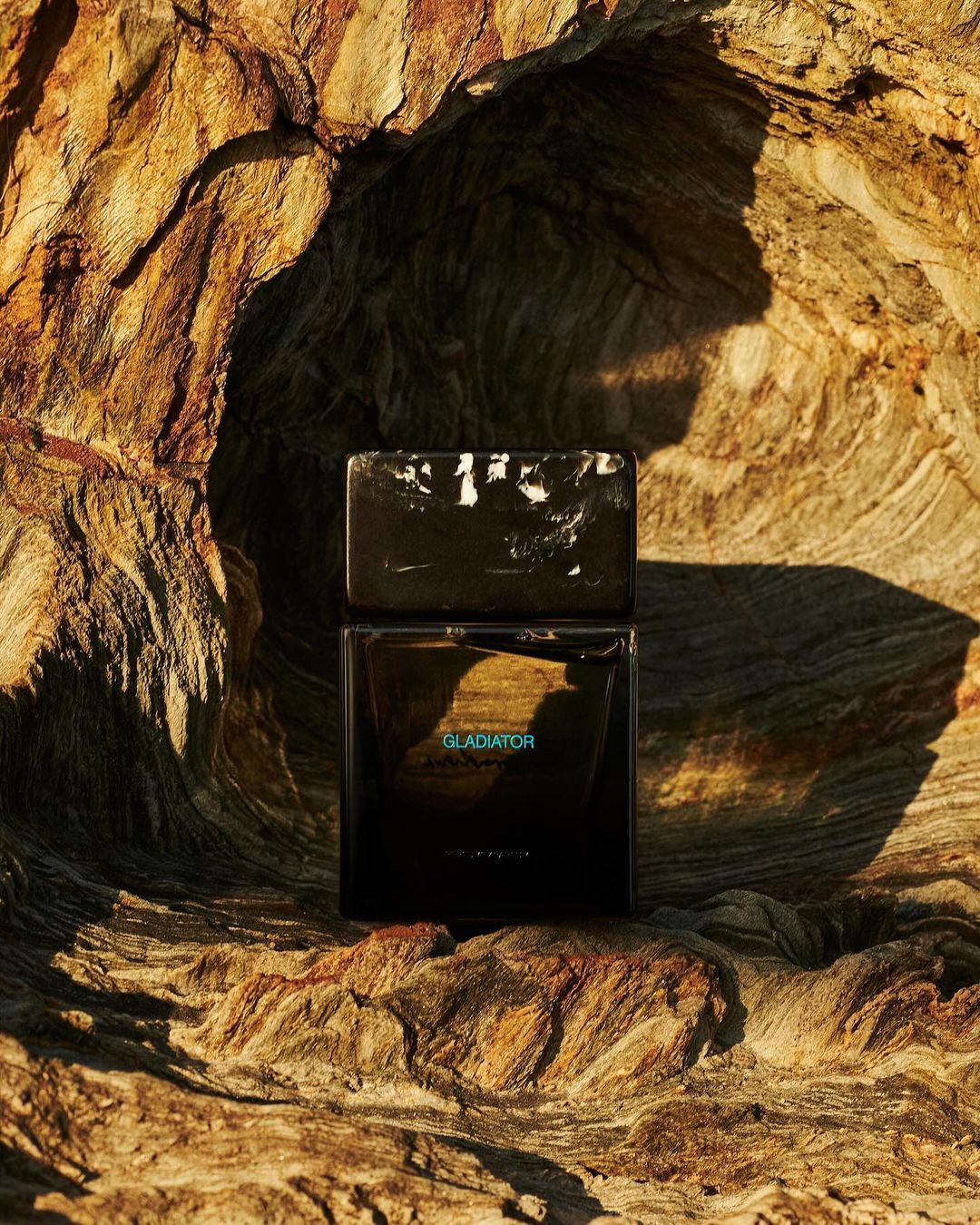 Dark rectangular perfume bottle with marbled white cap resting inside a hollow cavity of weathered wood.