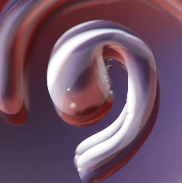 Abstract art featuring swirling, glossy shapes in shades of white, purple, and red, resembling fluid motion or a futuristic design element.