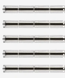 Five identical metallic cylindrical cosmetic cartridges arranged horizontally on a clean white background.