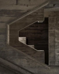 Architectural detail of brutalist concrete stairwell framing geometric voids and layered textured walls in Paris