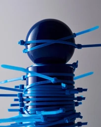 Glossy dark blue spherical object tightly bound with numerous bright blue plastic zip ties against a simple grey background
