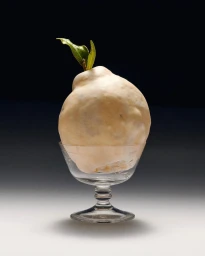 An irregular textured fruit with a green leaf in a crystal glass on a gradient background by Leonard Mechineau
