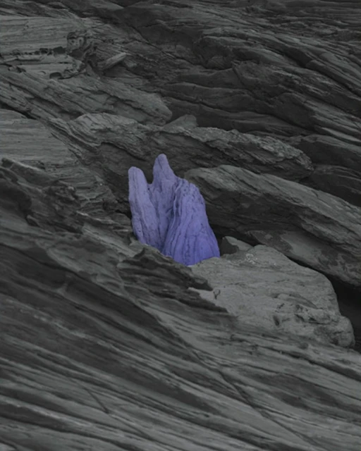 Monochrome abstract landscape with a textured rock formation, one purple rock stands against the black and gray shale background.