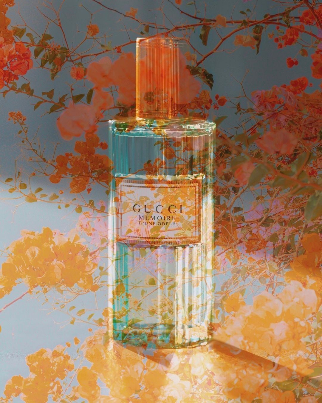 Gucci Mémoire d'une Odeur perfume bottle showcased against a dreamy floral backdrop with soft orange and peach hues, and blue undertones.