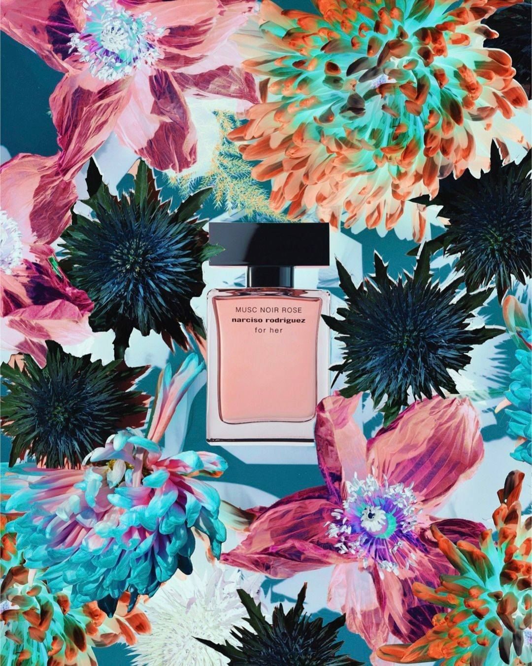 Perfume bottle by Narciso Rodriguez, Musc Noir Rose fragrance, surrounded by colorful stylized floral elements for beauty advertising.