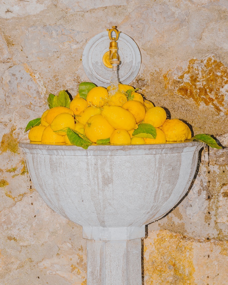 Close-up of a stone fountain filled with yellow lemons and green leaves under a brass faucet with dripping water.