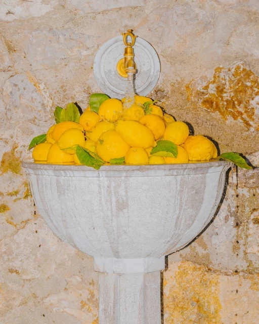 Close-up of a stone fountain filled with yellow lemons and green leaves under a brass faucet with dripping water.