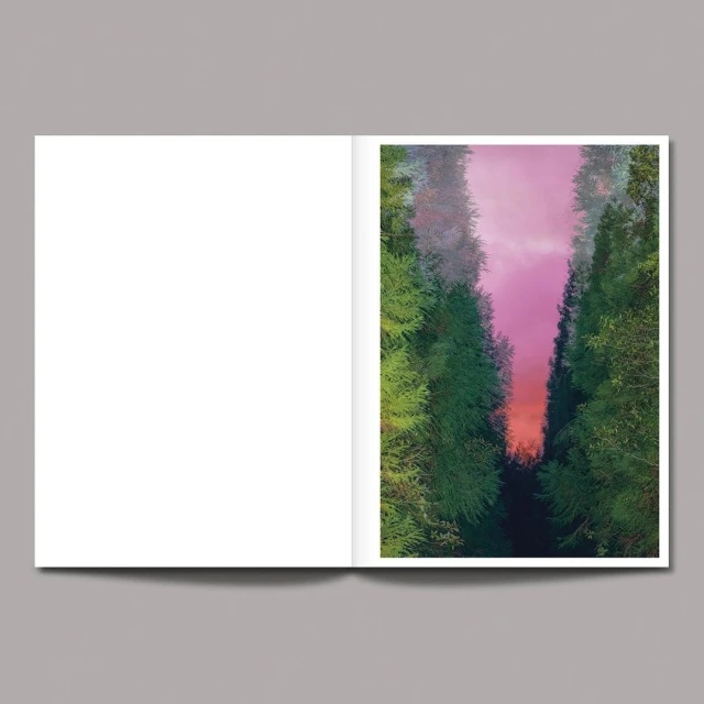 Open book double-page spread featuring a forest view with tall green trees and a soft pink sky, creating a serene and natural atmosphere.