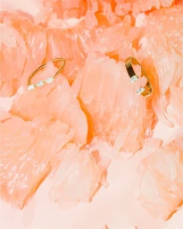 Two gold rings with diamond accents resting on pink citrus pulp segments in a close-up overhead shot