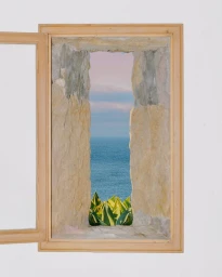 An open wooden window frame reveals a textured stone opening looking out onto an ocean horizon under a pastel sky with green foliage.
