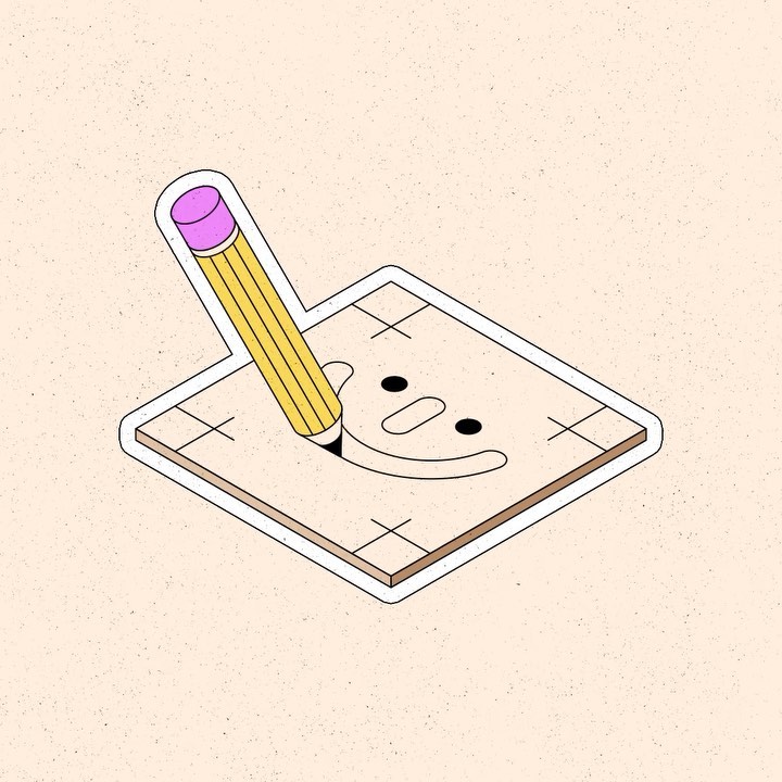 Illustration of a yellow pencil drawing a smiley face on a tan square with a white border on a speckled tan background.