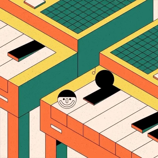 Isometric illustration of geometric piano keys in orange, yellow, and green with a circular smiley face and eighth note.