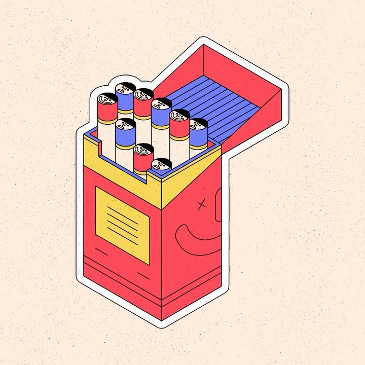 Illustration of a red and yellow pack of cigarettes with cartoon faces, set against a speckled beige background in a vector style.