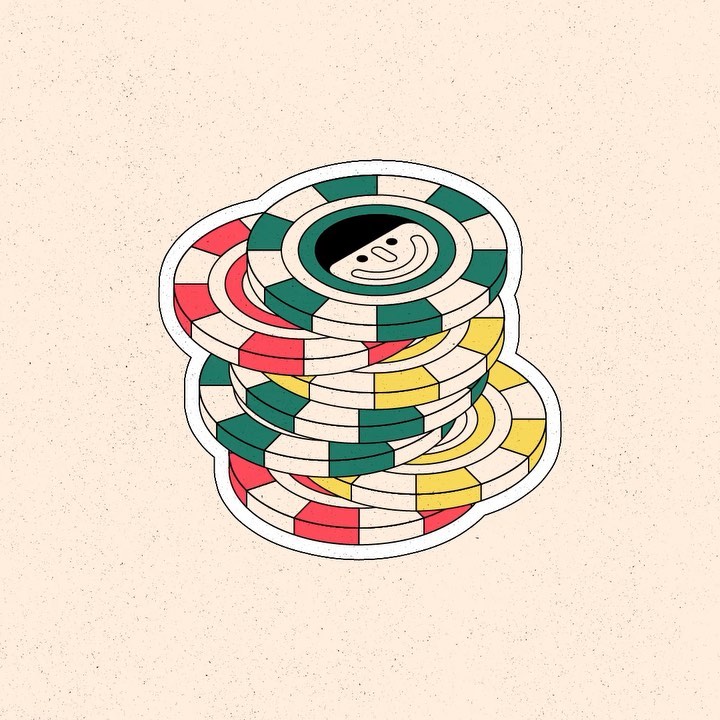 Illustration of a stack of casino chips in red, yellow and green with a smiling face on the top chip, set on a beige background.