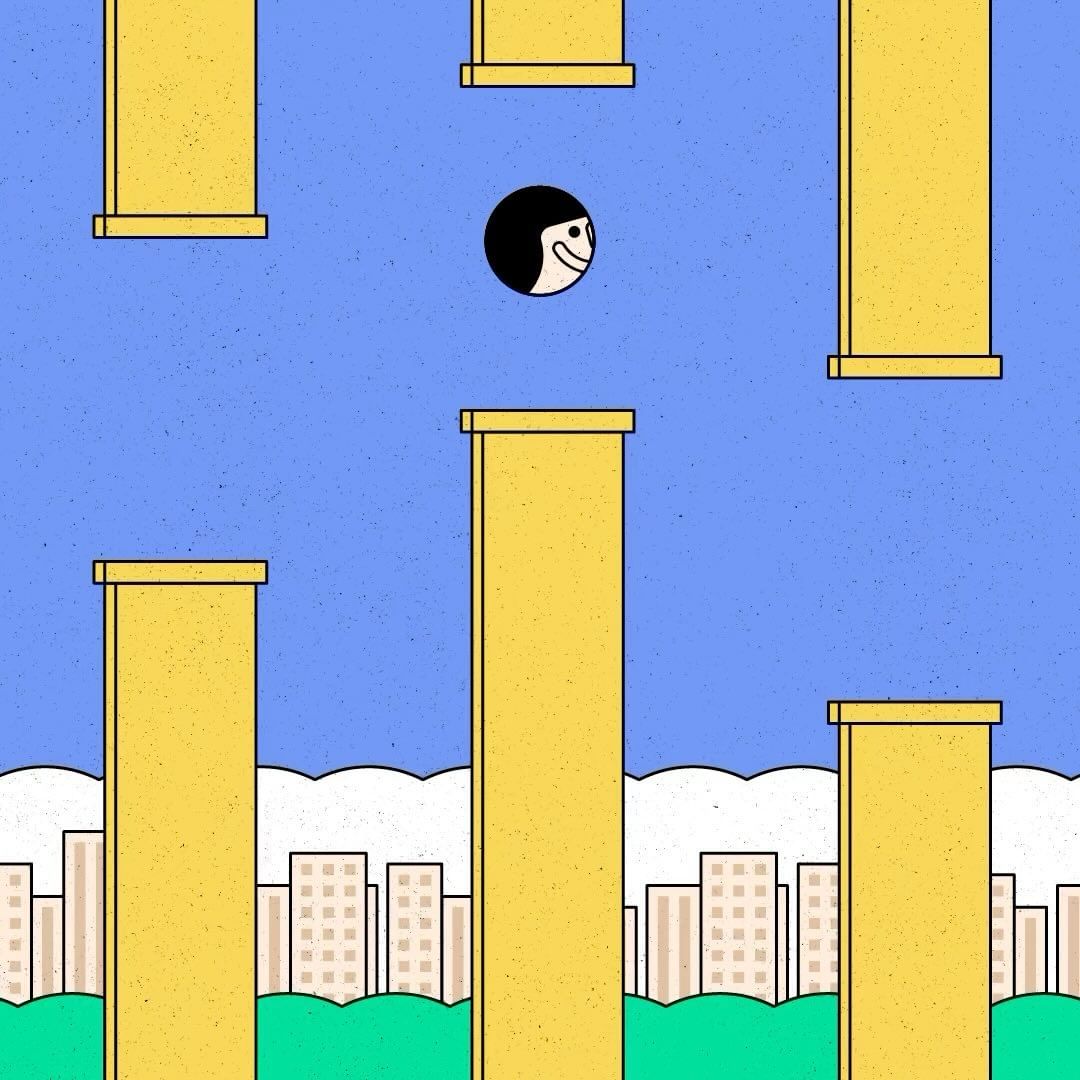 Illustrated scene showing a cartoon person with black hair flying between yellow pillars against a blue sky above a cityscape.