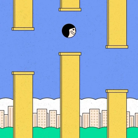 Illustrated scene showing a cartoon person with black hair flying between yellow pillars against a blue sky above a cityscape.