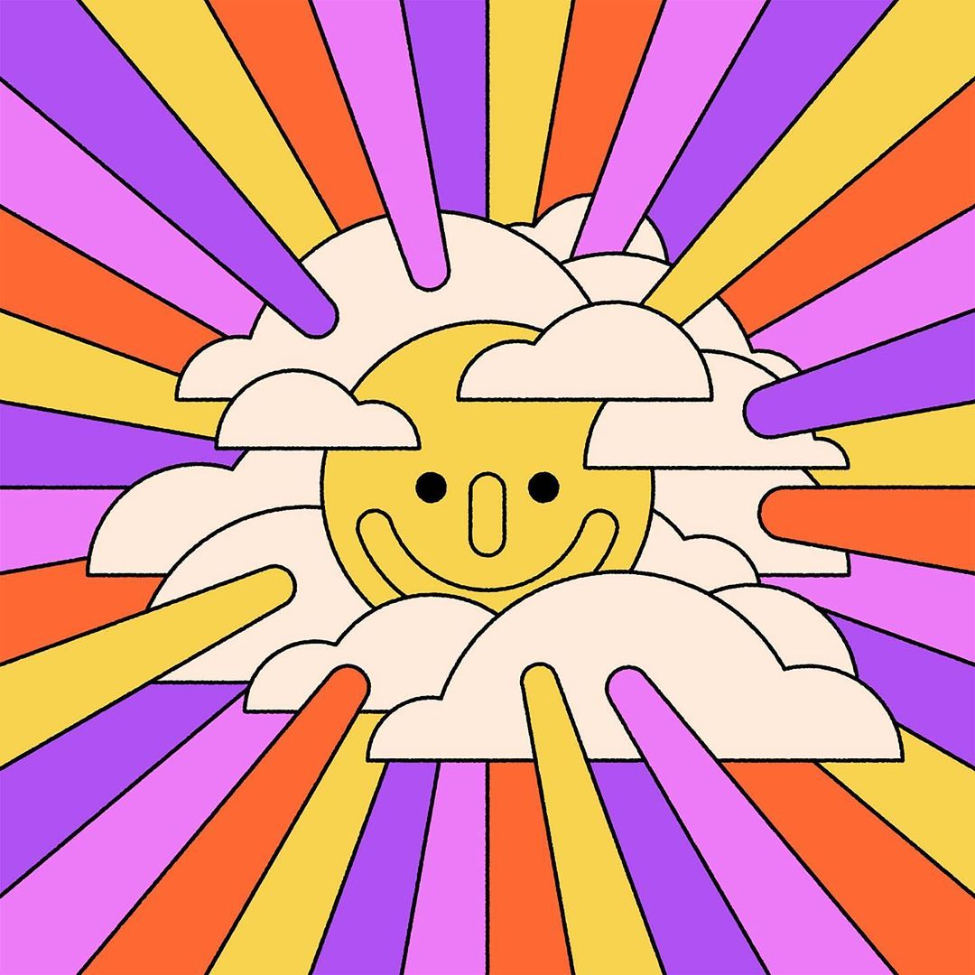Retro-style sun illustration with happy face surrounded by clouds and burst of orange, yellow, and purple rays in a graphic design.