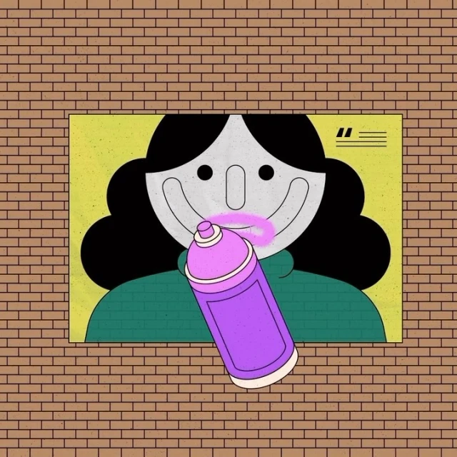 Illustration of a graffiti artwork on a brick wall featuring a cartoon face with pink lips being sprayed with a can of purple spray paint.