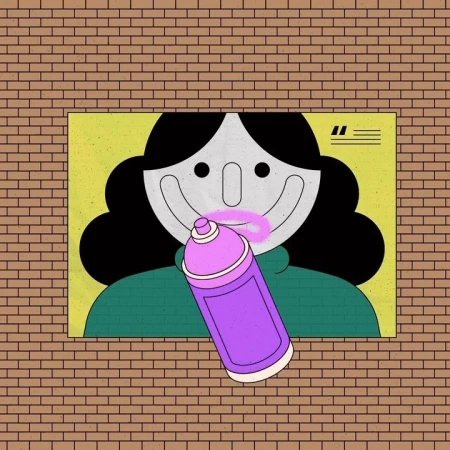 Illustration of a graffiti artwork on a brick wall featuring a cartoon face with pink lips being sprayed with a can of purple spray paint.