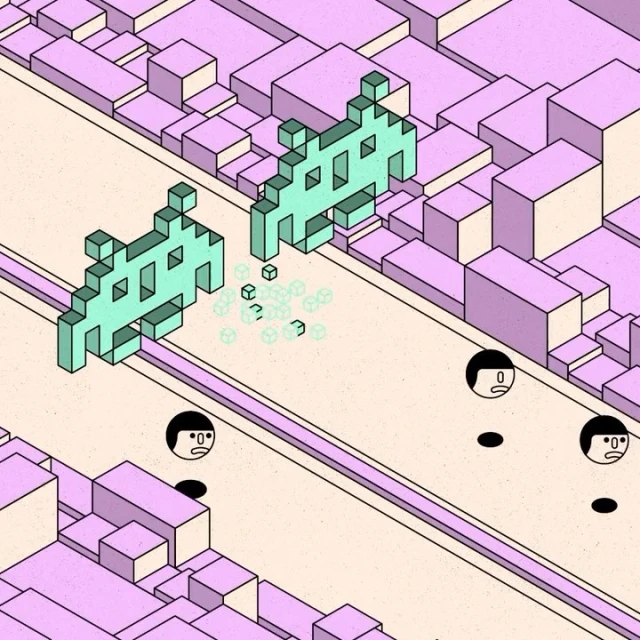 Isometric illustration of pixelated aliens in a cityscape, with minimalist cartoon faces looking up, rendered in pastel tones.