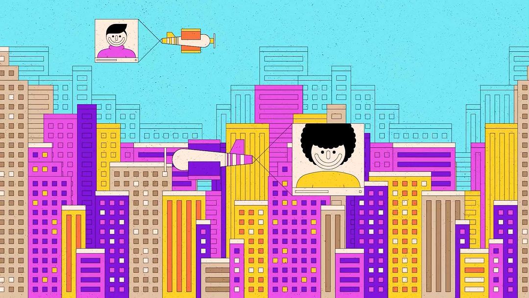 Stylized animation of a city skyline with faces in computer screens connected to planes flying in a blue sky.