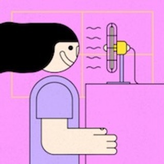 Illustration of a woman with long black hair sitting in front of a fan in a pink room with a window.