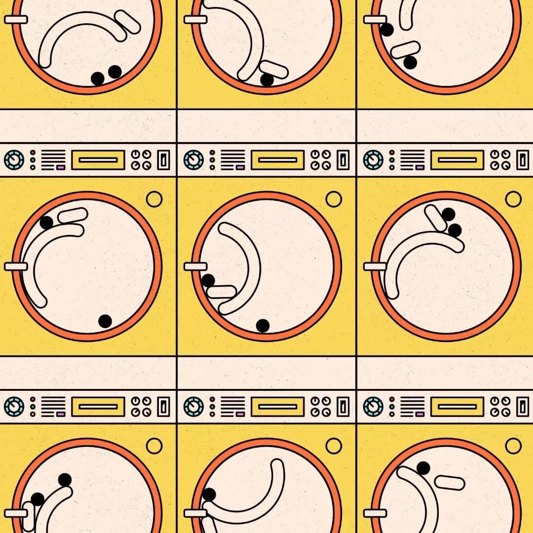 Illustration of nine repeating washing machine compartments with rotating inner drums, featuring black spherical objects in motion.