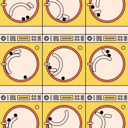 Illustration of nine repeating washing machine compartments with rotating inner drums, featuring black spherical objects in motion.