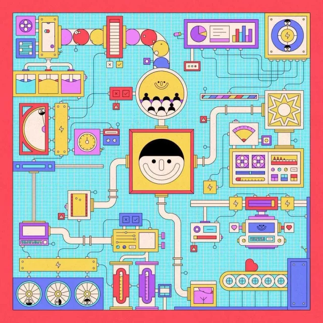 Cartoon illustration of a complex machine with gauges, pipes, conveyor belt, and smiling faces against a blue grid background.