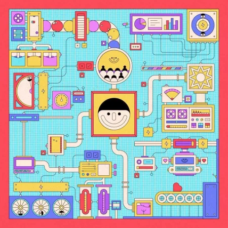 Cartoon illustration of a complex machine with gauges, pipes, conveyor belt, and smiling faces against a blue grid background.