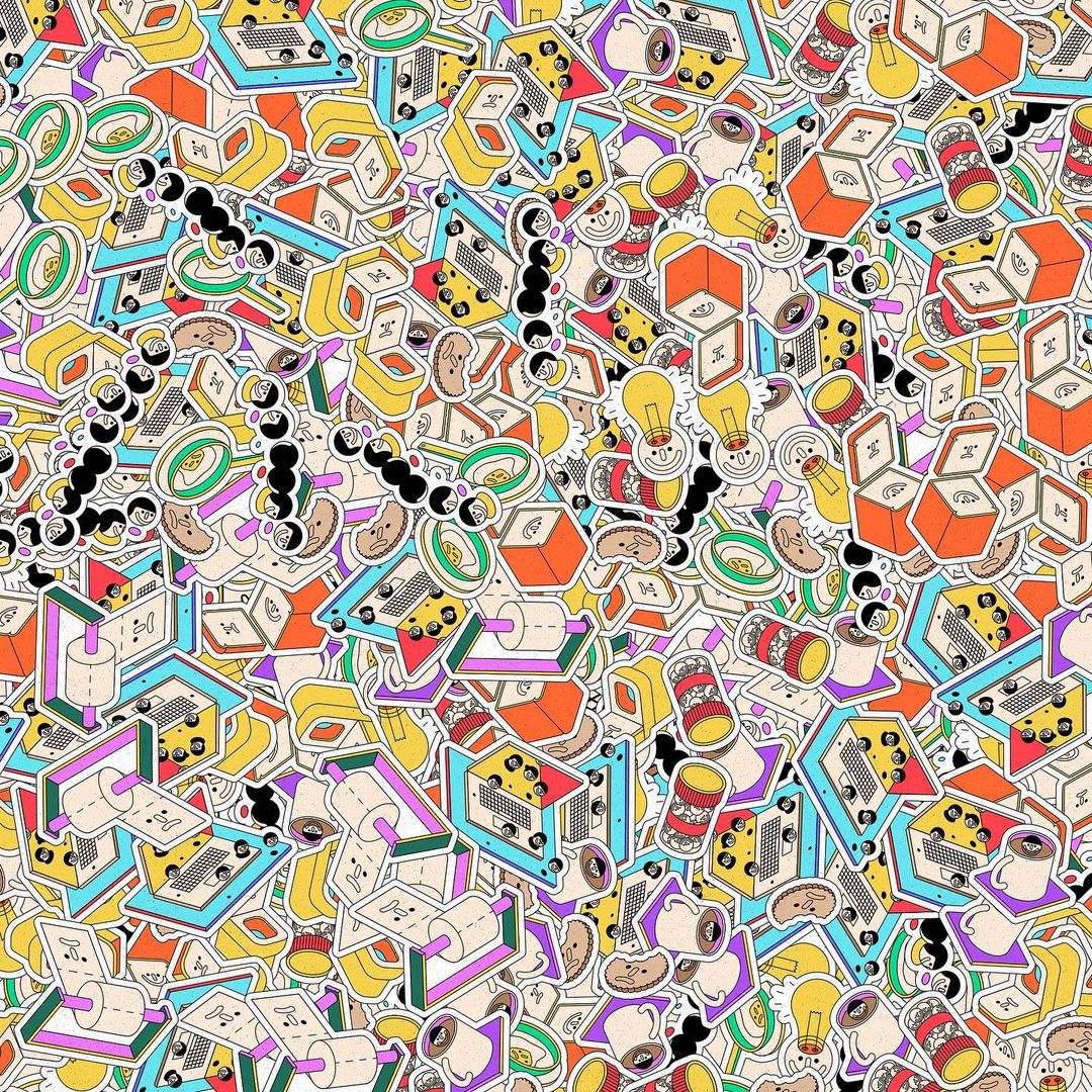 Vibrant sticker-style pattern with illustrations of light bulbs, dice, canned goods, toilet paper, beans, and magnifying glasses creating a dense, colorful scene.
