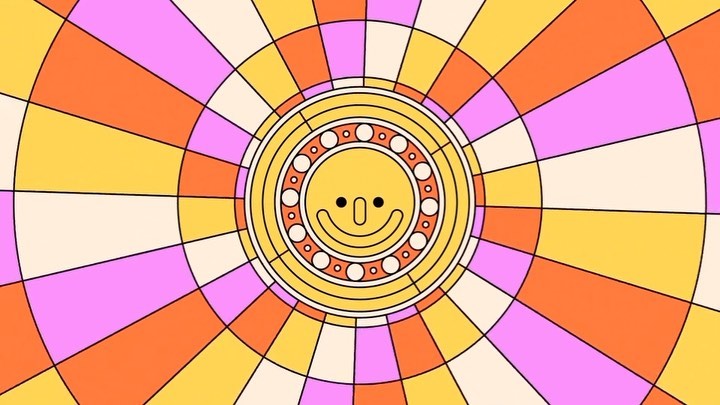 Colorful concentric circles radiate from a central cartoon face with a smile in this vibrant, eye-catching illustration.