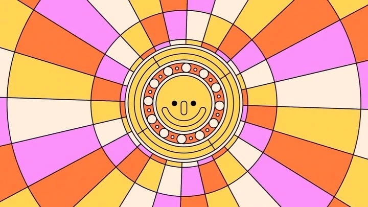 Colorful concentric circles radiate from a central cartoon face with a smile in this vibrant, eye-catching illustration.