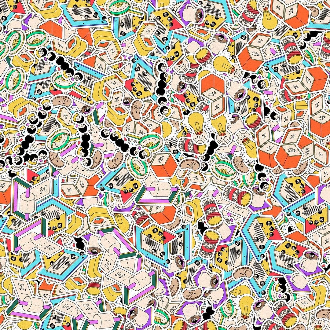 Dense repeating sticker illustration featuring colorful objects, lightbulbs, boxes, and tiny characters.
